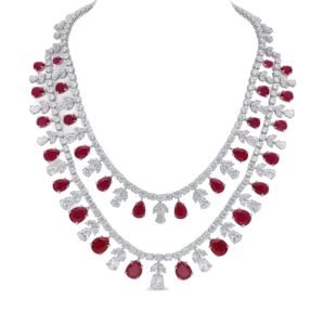 Neck Piece in Multi Shaped White Swarovski Zirconia & Pear Shaped Man-Made Rubies