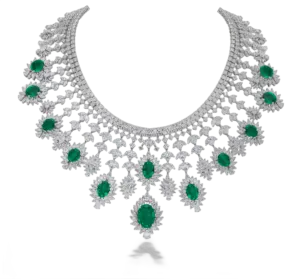 Necklace in White Swarovski Zirconia with Pear Shaped Man-Made Emeralds