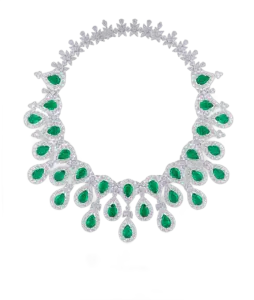 Necklace in White Swarovski Zirconia with Pear Shaped Man-Made Emeralds