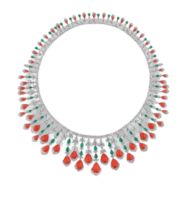 Necklace in White Swarovski Zirconia with Man-Made Emeralds & Corals
