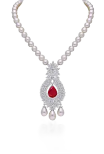 Cocktail Necklace in White Swarovski Zirconia With Korean Pearls & Man-Made Ruby