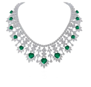 Bridal Neck Piece in White Swarovski Zirconia with Heart Shaped Man-Made Emeralds