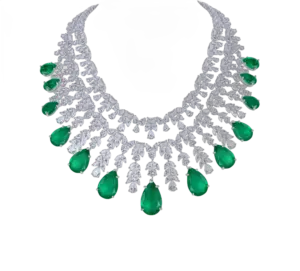 Bridal Neck Piece in White Swarovski Zirconia with Pear Shaped Man-Made Emeralds