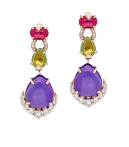 Bridal Earrings in White Swarovski Zirconia with Man Made Amethyst, Emeralds And Rubies Set In Rose Gold Plating
