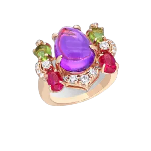 Bridal Ring in White Swarovski Zirconia with Man Made Amethyst, Emeralds And Rubies Set In Rose Gold Plating